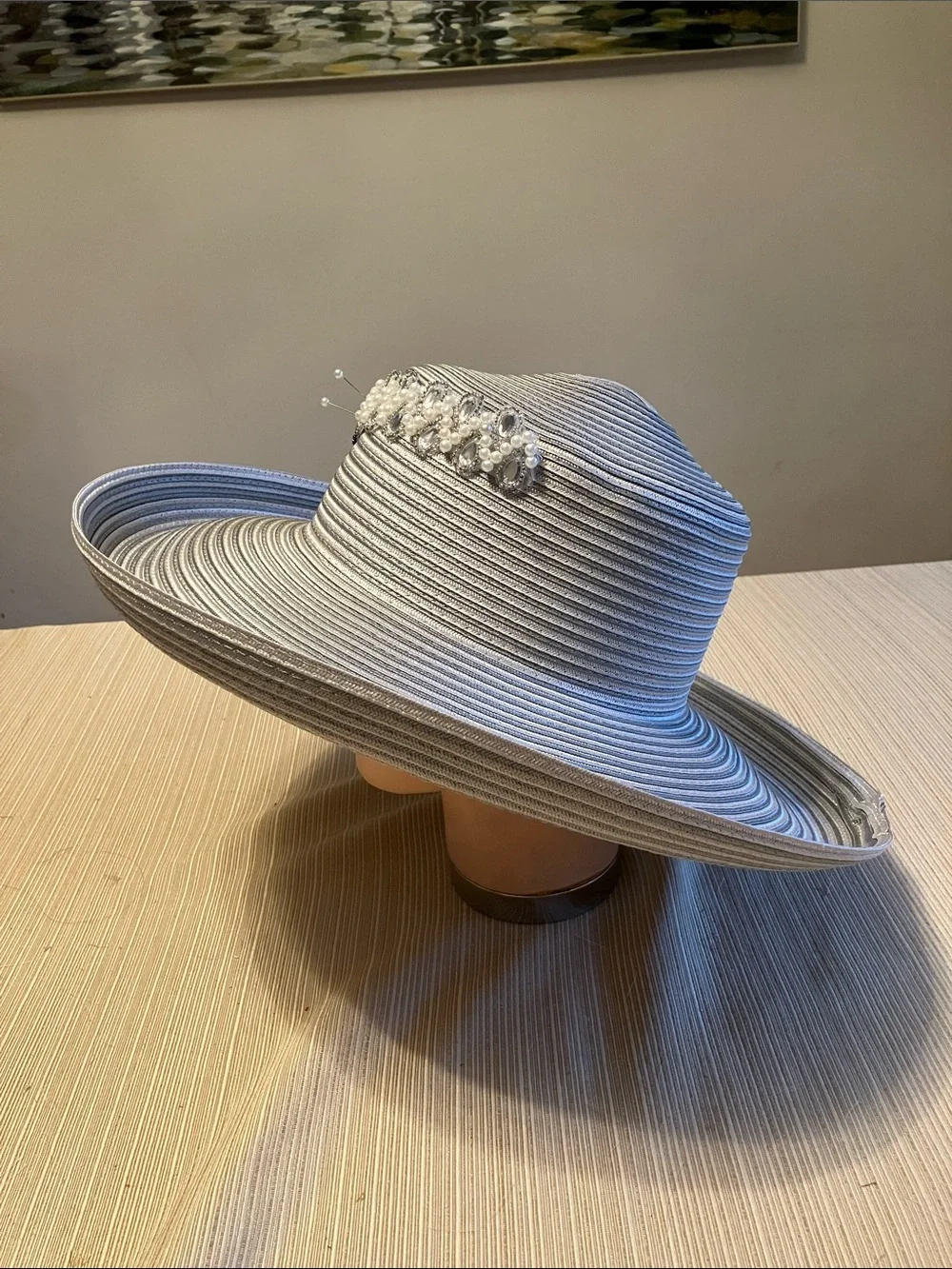 Elegant  Light Gray Wide-Brim Hat With Crystal and Beaded Embellishments